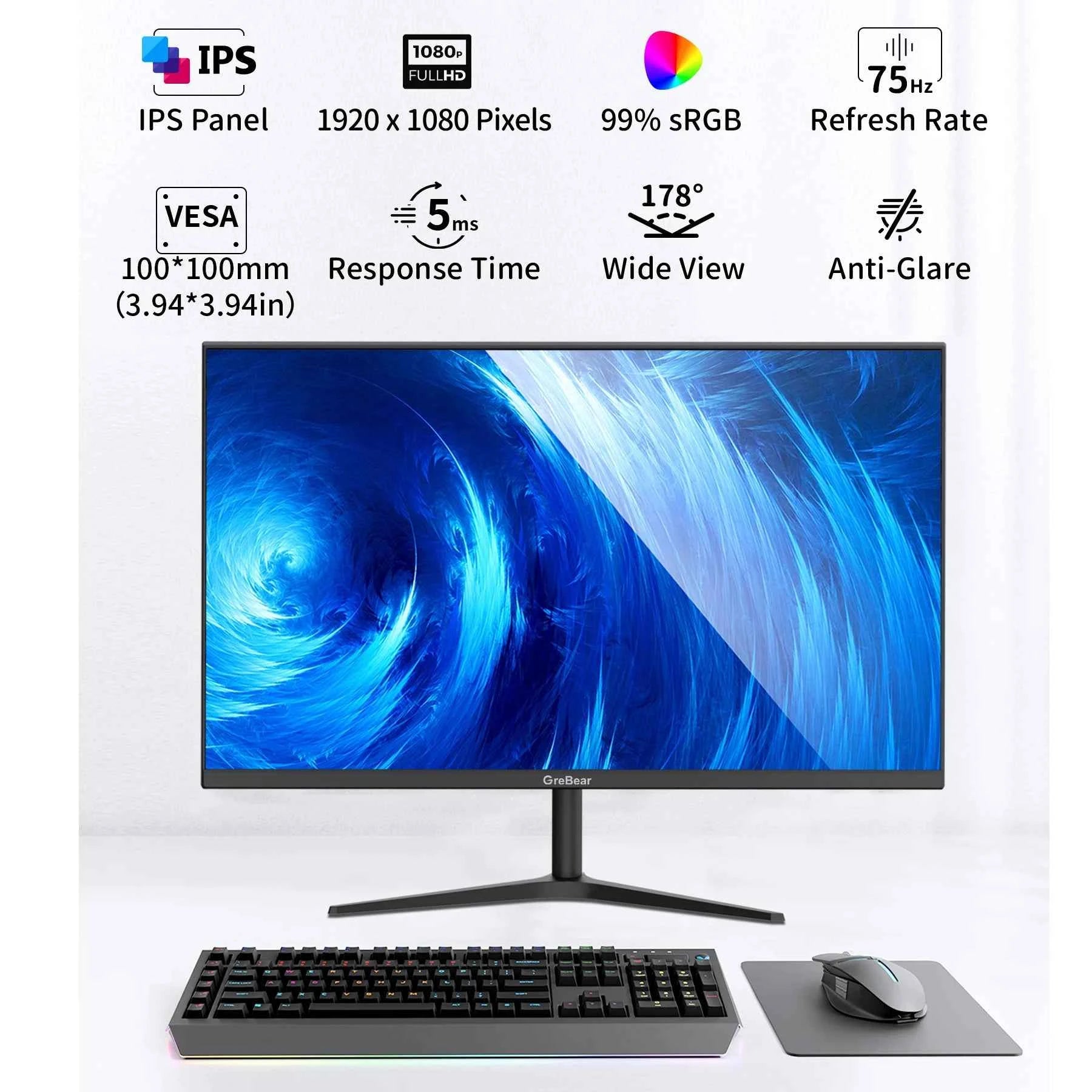 GreBear 27-inch Computer Monitor IPS Panel PC Monitors FHD 1080p 75Hz LED Display Home Office Desktop Screen, HDMI, VGA