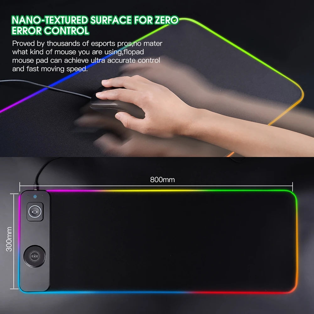 3 IN 1 Mouse Pad Magnetic Wireless Charging for Mobile Phone, Watch, Headphone RGB Lighting Desk Mat Gaming Mousepad 80x30cm