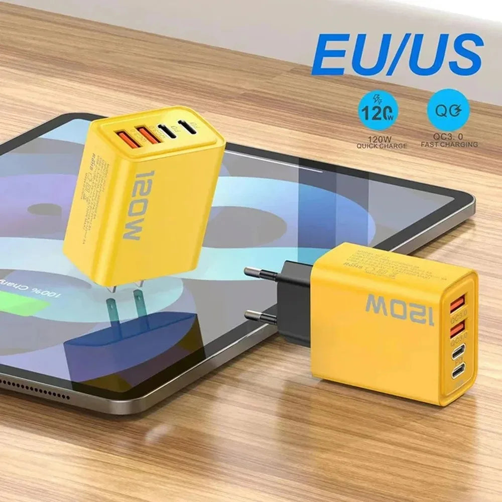 4 Port USB PD Charger 120W Type C Quick Charge Mobile Phone Charger Adapter For iPhone Samsung Xiaomi EU/US/UK Plug Wall Charger