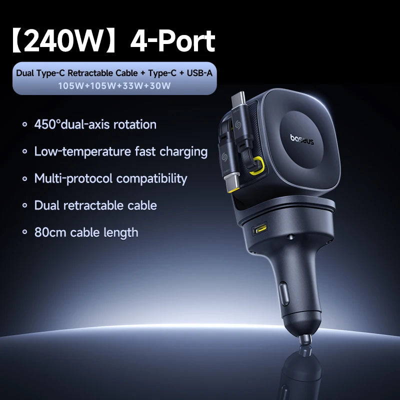 Baseus 240W Car Charger 4 Ports Built in Retractable Cable Fast Charging USB Type-C Car Phone Charger For Samsung iPhone Xiaomi