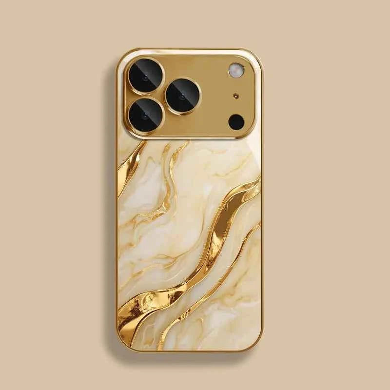 Golden Marble Waves Gold Metallic Paint Tempered Glass Phone Case For iPhone 17 Pro Max 11 12 13 14 15 16 Plus 17 Air 16E Cover