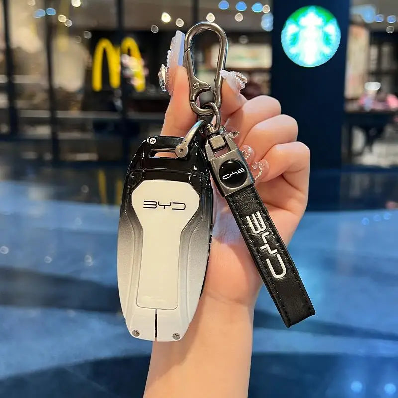 Zinc Alloy New Leather Car Key Case Cover Shell Fob For BYD Song Plus Atto 3 Han EV DM Qin Seal Dolphin Protective Auto Keychain