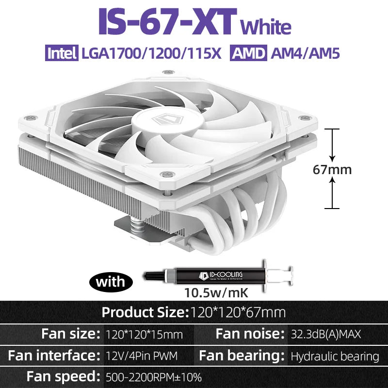 ID Cooling IS-67-XT 6 Heat pipes CPU Cooler Hydraulic Bearings Low Noise Cooling Fan Push Type Air Radiator with Thermal Paste