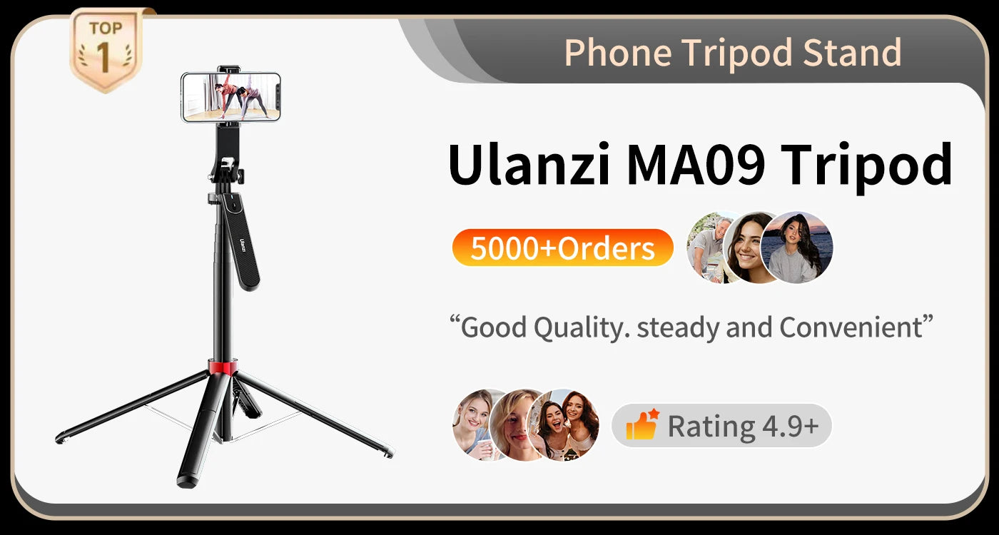 Ulanzi MA09 1.8m Selfie Stick Tripod for iPhone 17 15 Android Phone with Remote Control Panoramic Ball Head Holder U200 VL49 Kit
