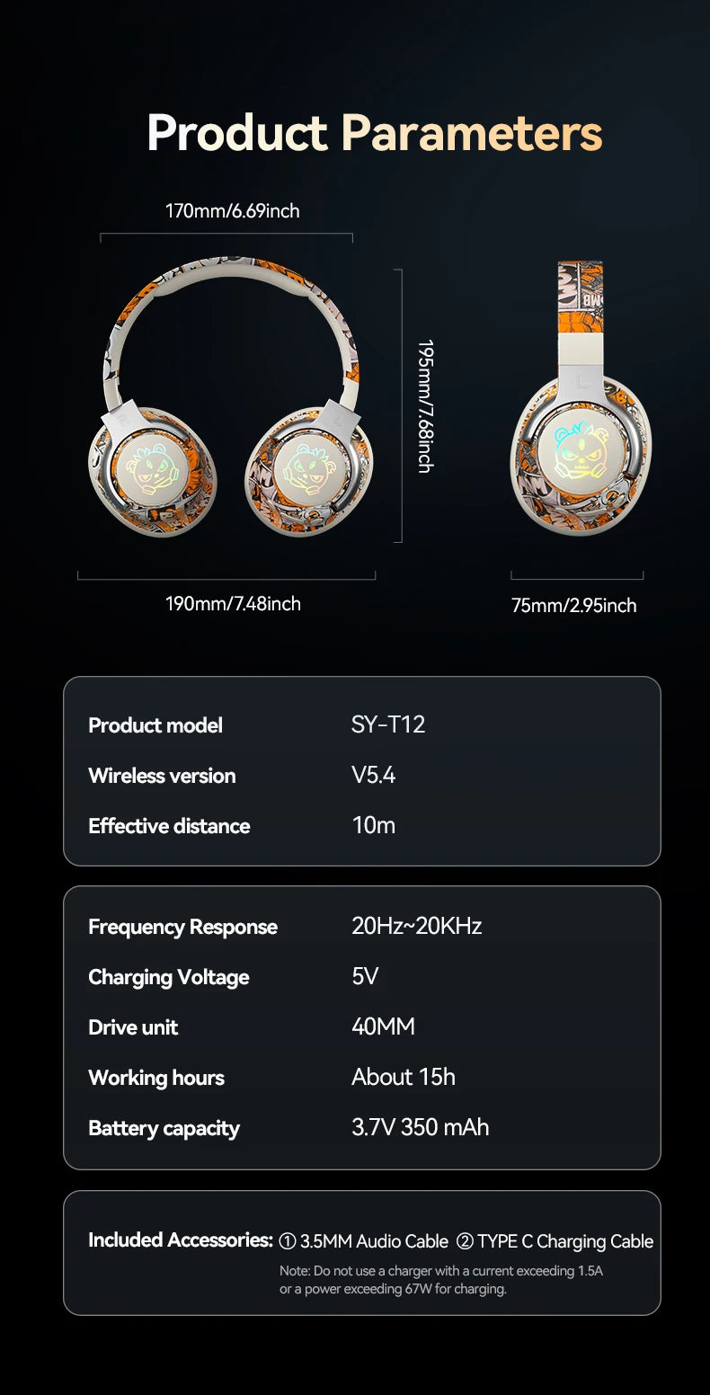 SY-T12 Graffiti LED Light Up Wireless Headphones Over Ear Foldable 3D Earpads Bluetooth 5.4 Headset For Gaming Sports