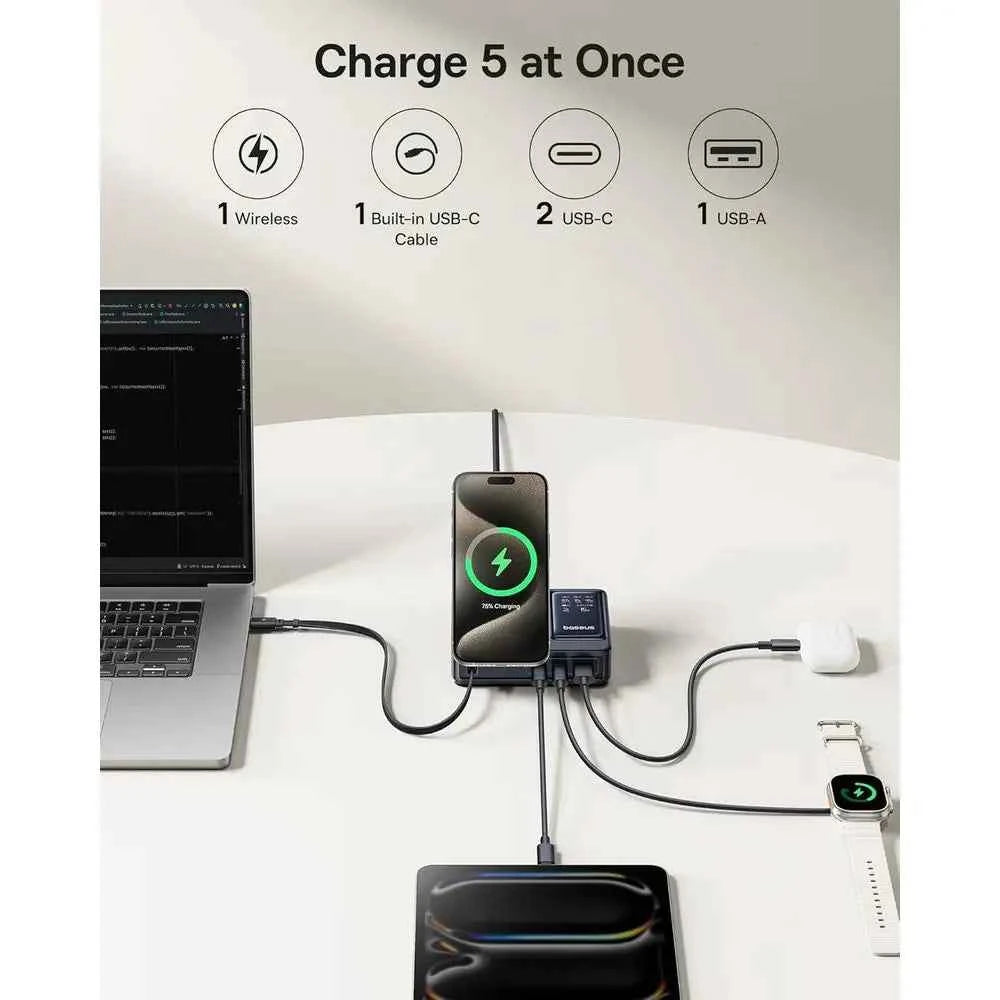 5-in-1 140W Charging Station – Qi2 15W Magnetic Wireless Charger with 100W Retractable USB-C Cable, GaN Fast Charging Dock for Desktop & MagSafe.