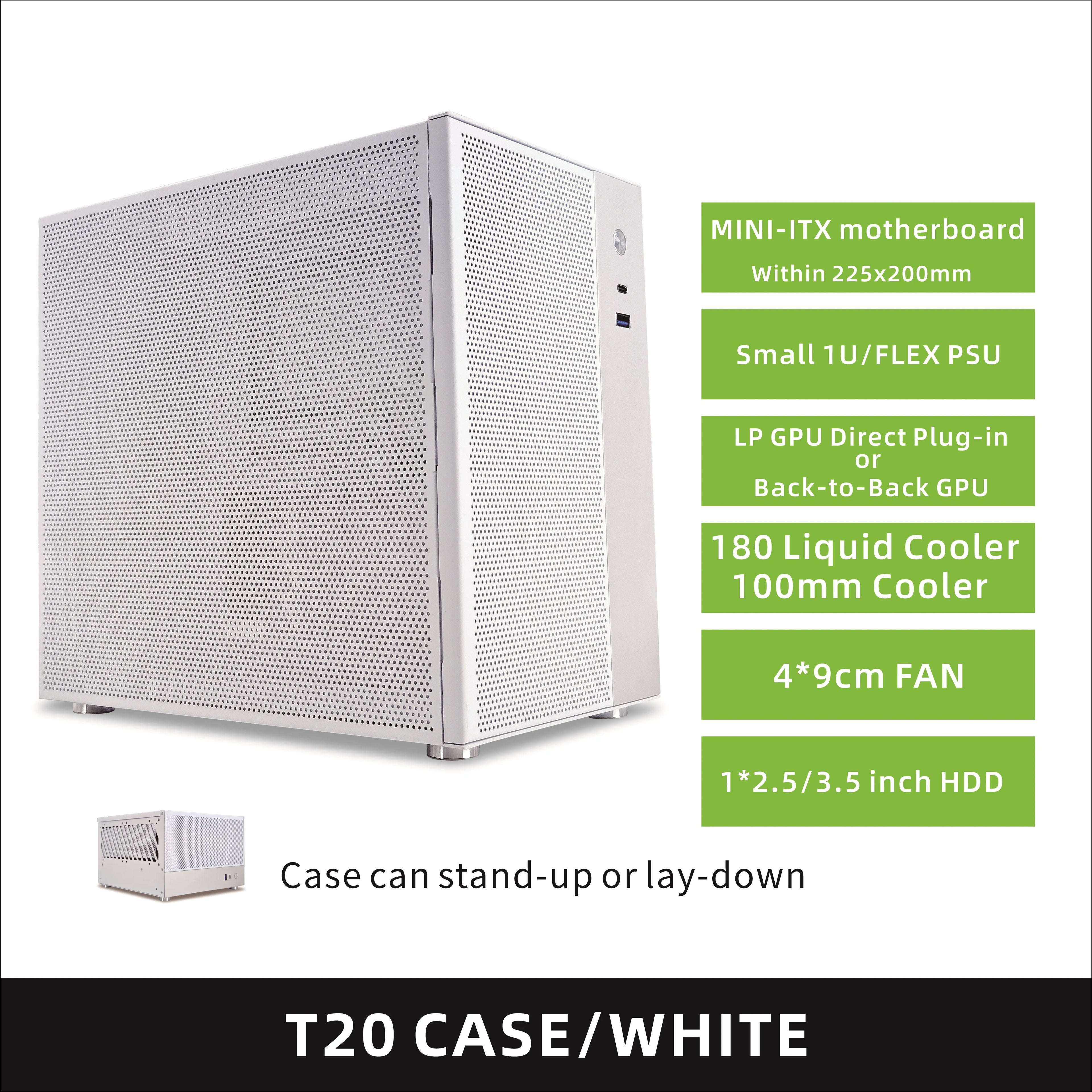 METALFISH T20 Mini ITX White Case 9L Compact PC Chassis Support Flex PSU/240mm GPU/100mm Cooler/180 Liquid Cooler