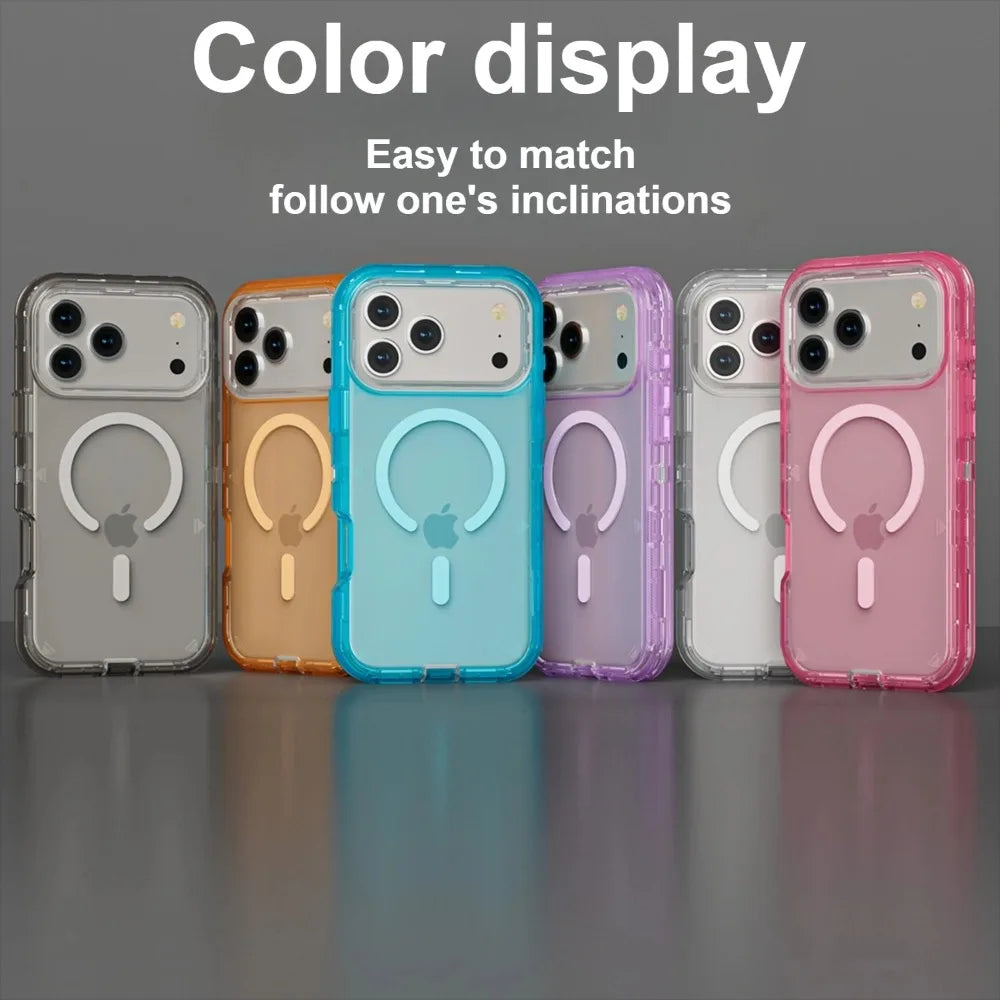 Rugged OTT Armor Magnetic Wireless Charging Clear Case for IPhone 17 Air 16 15 14 Plus 13 12 Pro Max Enhanced Shockproof Cover