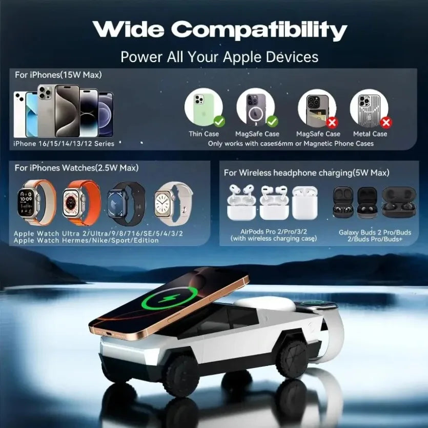 3 in 1 Magnetic Fast Wireless Charger Desktop Cybertruck Phone Stand For IPhone 17-12 Pro Max Apple Samsung Watch Airpods Pro