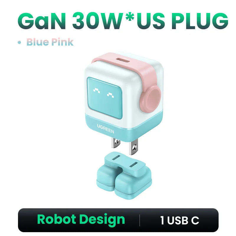 【US Plug】UGREEN 65W 30W GaN Charger Robot Design PD3.0 Fast Charger QC4.0 3.0 PPS for iPhone 17 16 15 Pro Macbook Laptop Table