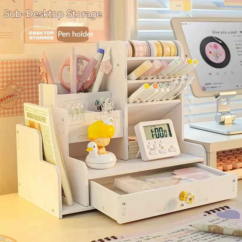 Mark Pen Pencil Holder Wooden Desk Organizers Shelves Accessories Desktop Stationery Organizer Bookshelf Home Office Storage Box