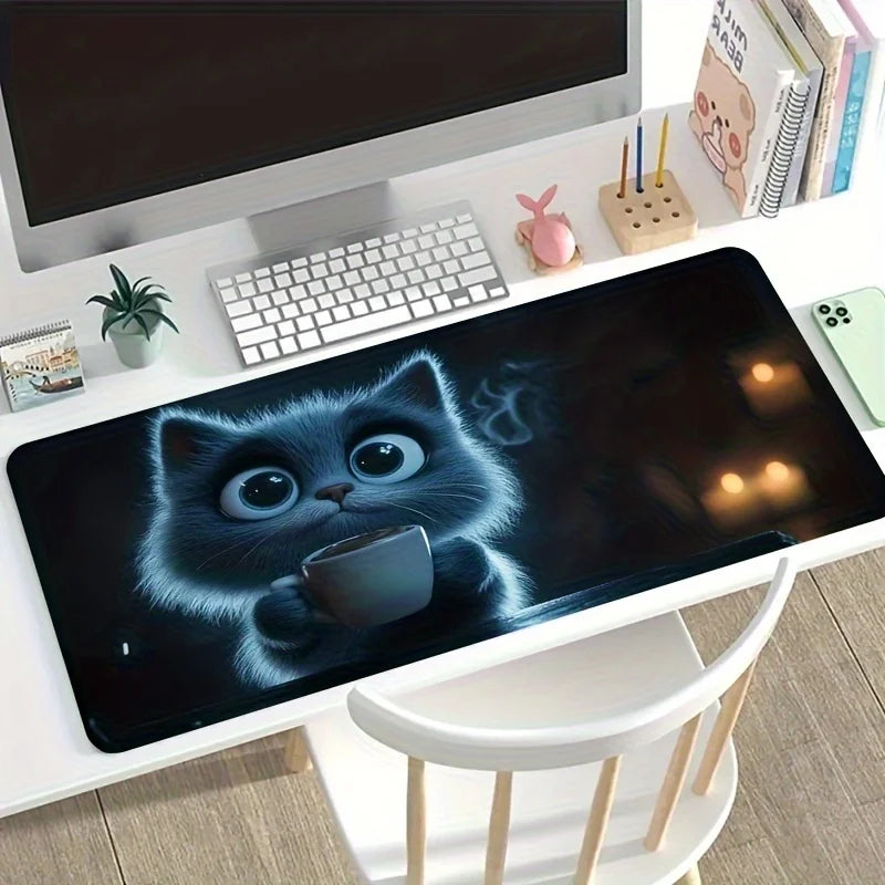 1 Large Gaming Mouse Pad - Non-Slip Washable Surface, Cute Cat Holding Coffee Design, Expressive, Extra-Long Desk Mat for PC, Office, Esports - Ideal Gamer