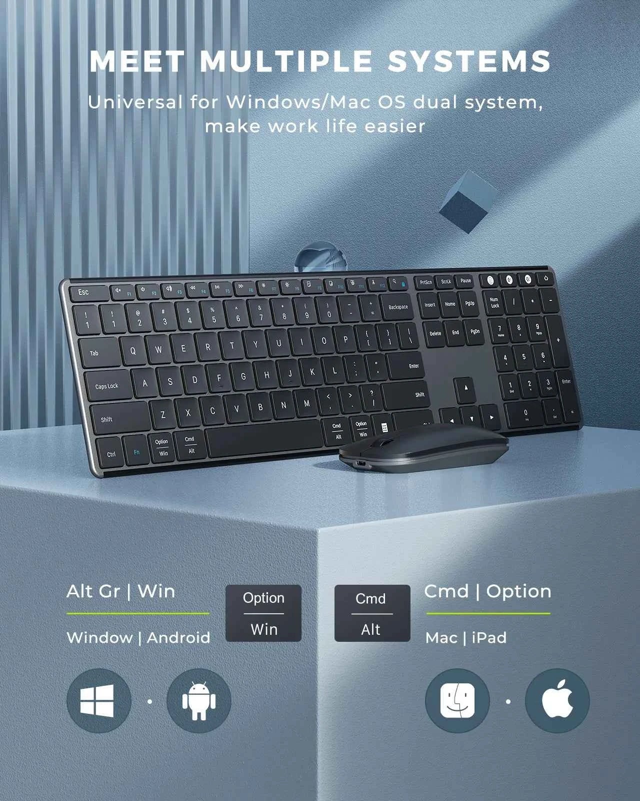 Wireless Bluetooth Keyboard and Mouse Combo Multi-Device Rechargeable Slim Keyboard and Mouse for Win 8 10 MacBook Pro Air iPad