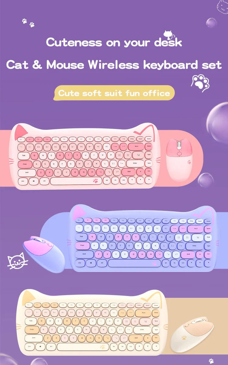 MOFII Kawaii Cat 2.4G Wireless Keyboard and Mouse Set Cute Lipstick Punk Keyboards and Mice Combos for Laptop PC Home Office