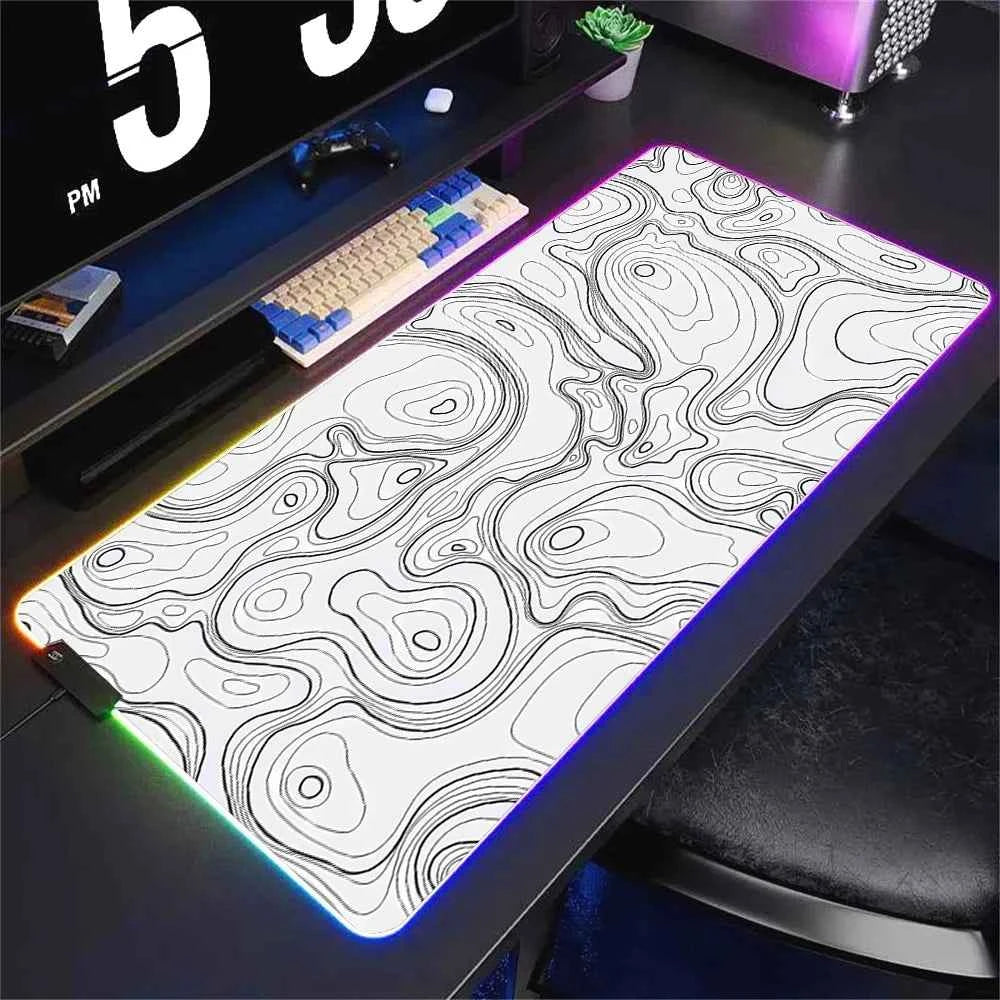 LED Desk Mat Black and White Lines RGB Computer Mouse Pad Gamer Cabinet Luminescence Abstract Mousepad Keyboard Gaming Deskmat