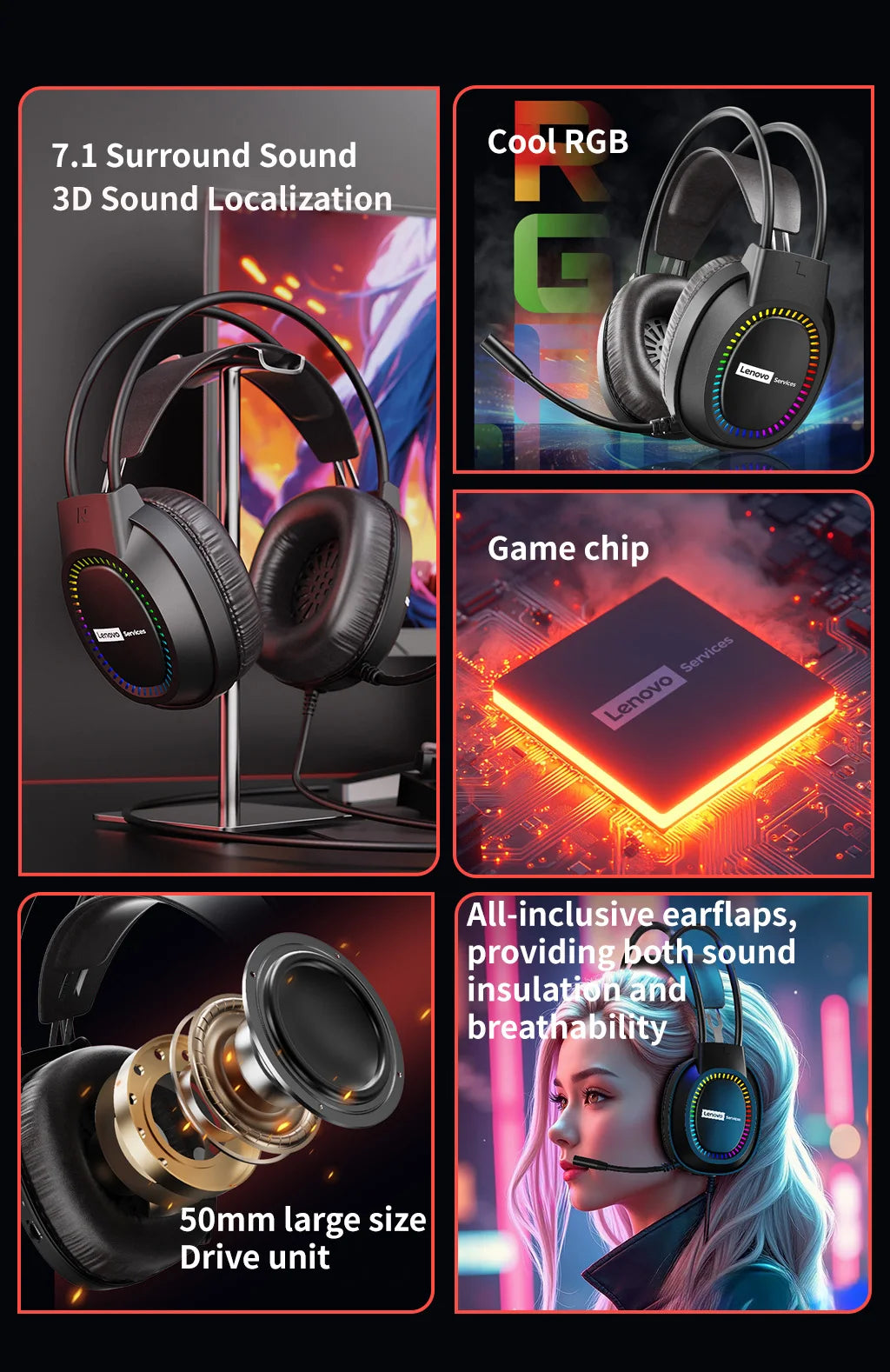 Lenovo Over-Ear Headphones with Microphone, Gaming Headphones, Rgb Lighting, Cool Colorful Lights, Suitable for Desktop and Laptop Computers, Comfortable, Sound-Isolating, and Noise-Cancelling