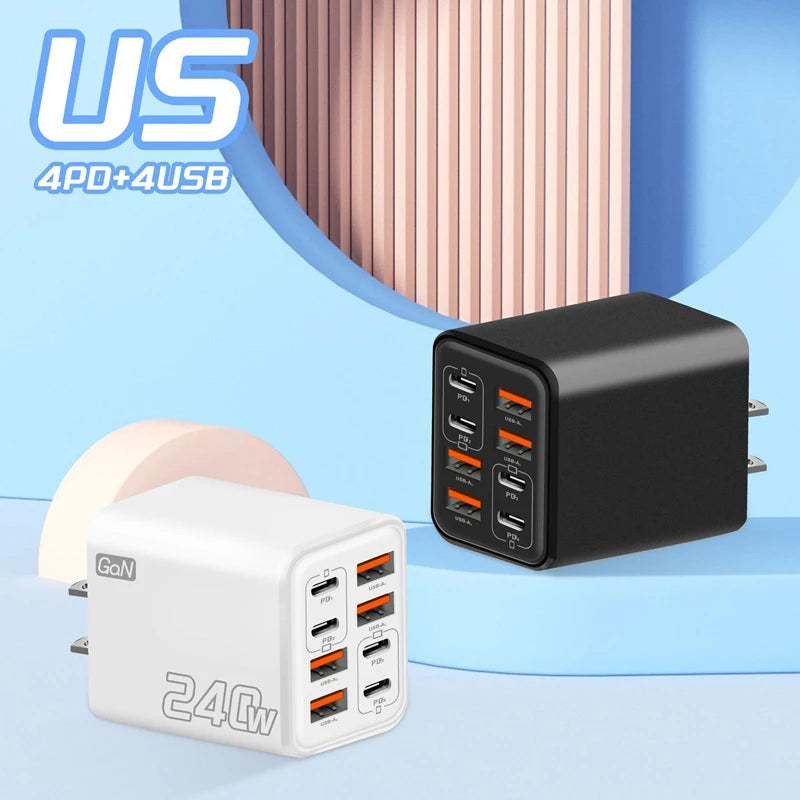 240W GaN USB C Charger 8 in 1 Fast Charging Phone Charger Power Adapter For iPhone Xiaomi Type C EU/US/UK Plug Wall Charger