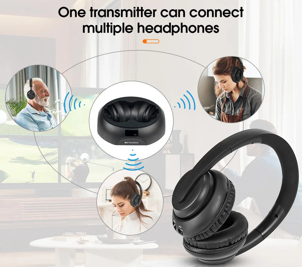 Retekess Wireless Headphone TA006 TV Watching Rechargeable Wireless Earphone with Transmitter Support Coaxial Fiber 3.5 AUX RCA