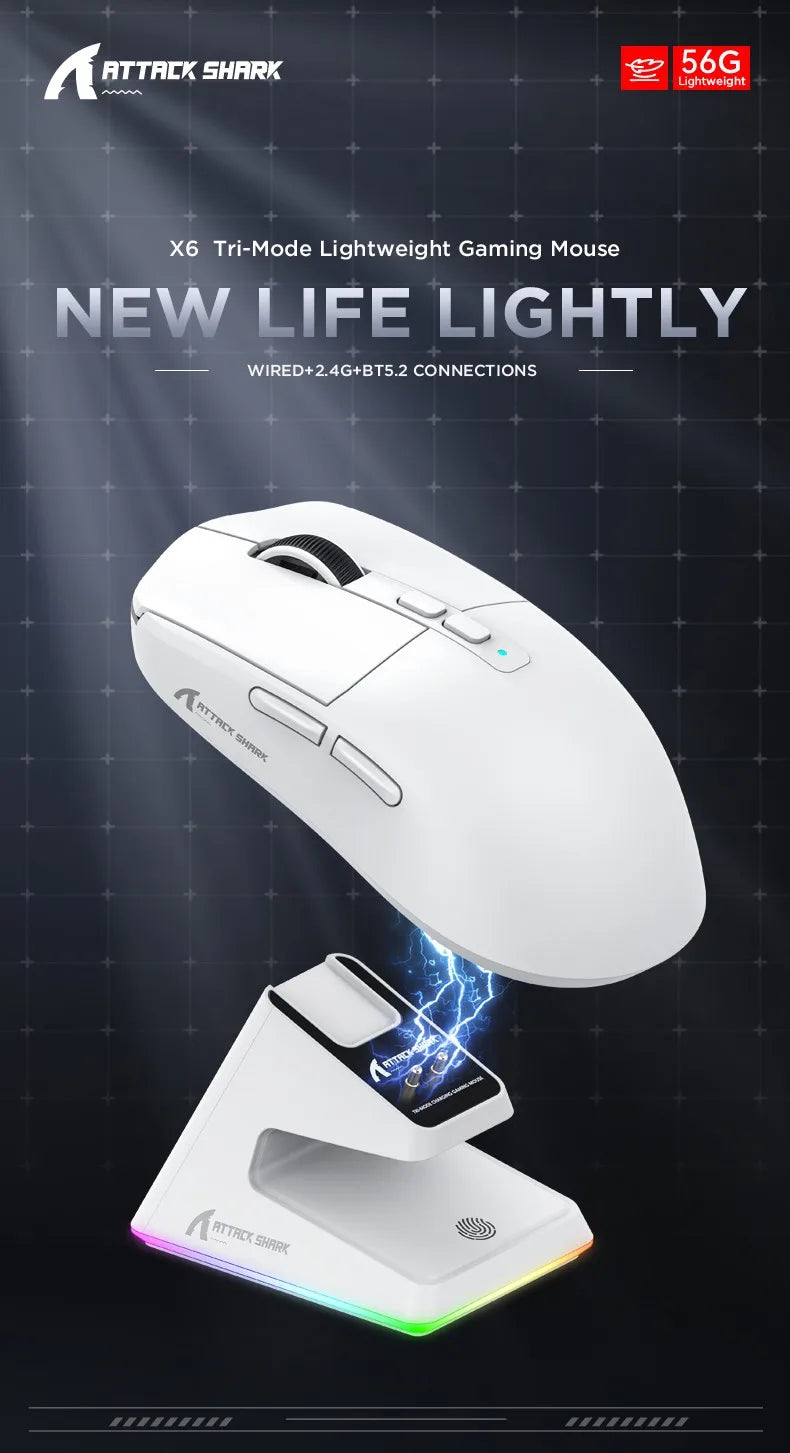 ATTACK SHARK X6 Wireless Macro Gaming Mouse PAW3395 26000 DPI Tri-Mode Wired/2.4G/BT5.2 Connection Magnetic Charging Base Mouse