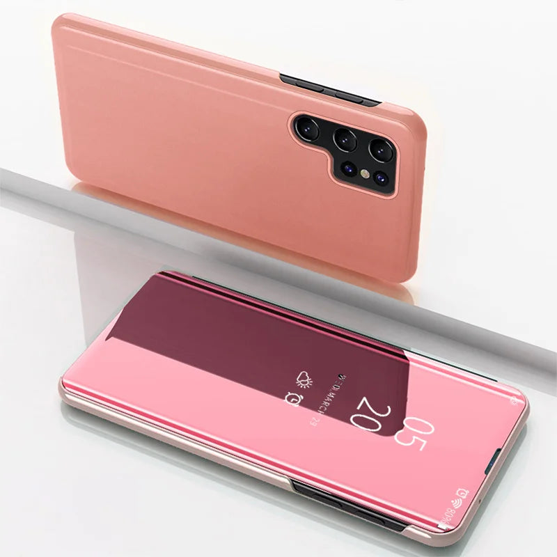 Smart Clear View Mirror Flip Case For Samsung Galaxy A16 A26 A36 A56 A55 A35 A15 A54 S22 S23 FE S24 Ultra Plus S25 Edge PU Cover