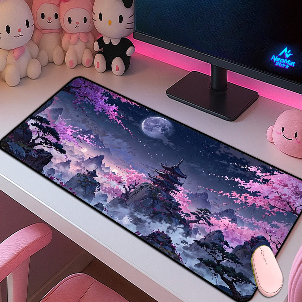 Japanese Sakura Mouse Pad Large Pc Gamer Gaming Desk Mat 900x400 Temple Blossom Mountain Moon Cherry Accessories Mousepad