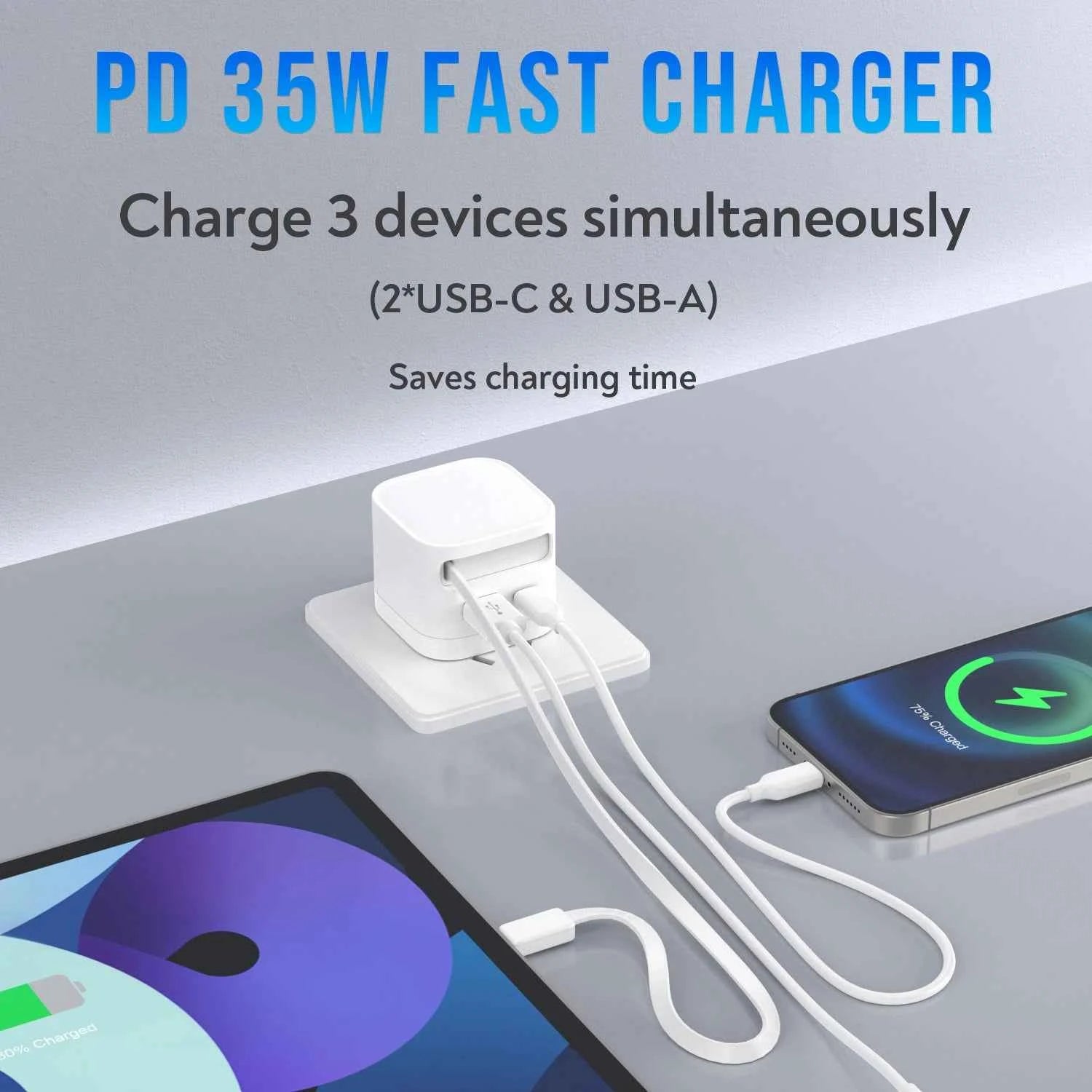 35W GaN Fast Charger with Retractable Cable, Foldable Plug, Quick Charging Block, for iPhone , Samsung , iPad, Android Phones