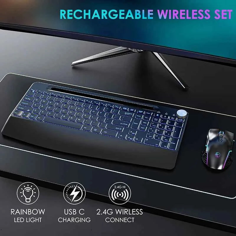 Ergonomic 2.4G Wireless Rechargeable Keyboard Mouse Set for Laptop With Color Backlit Phone Holder Wrist Rest and Jiggler Mouse
