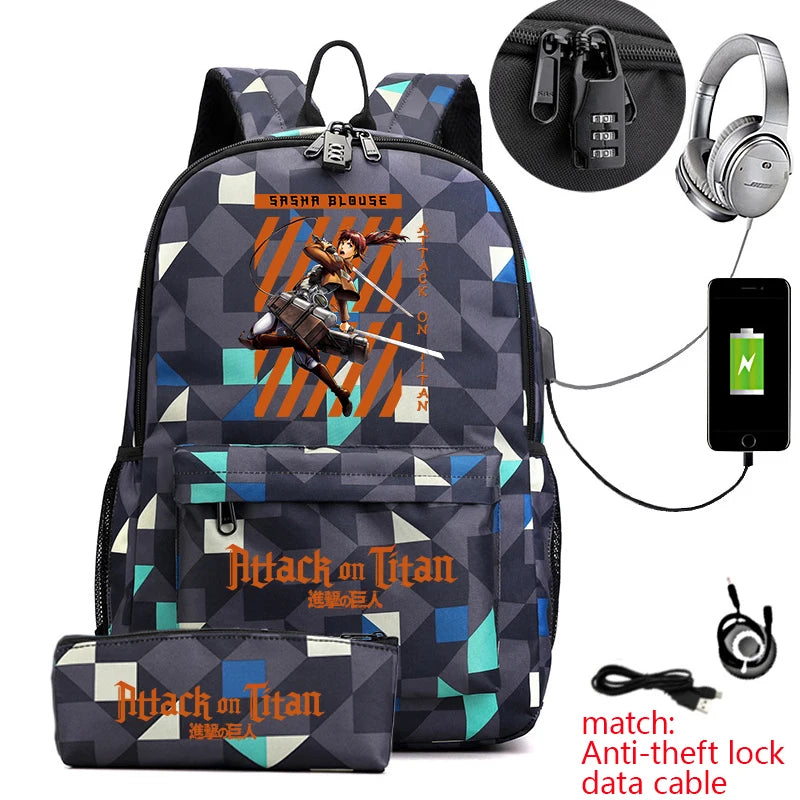 Attack on Titan Anime Print School Backpack Anti-Theft Laptop Bag for Boys Girls with Pencil Case