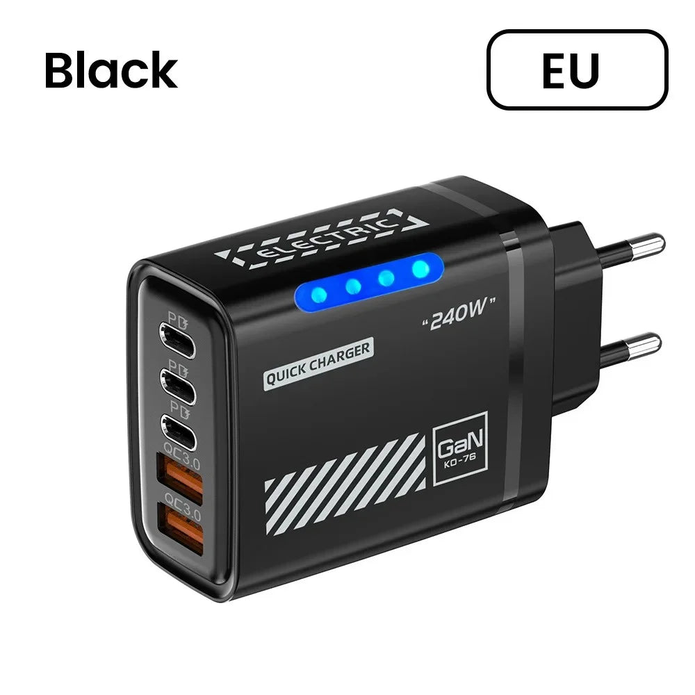5 Port GaN Fast Charger 240W USB C PD Charger QC 3.0 Wall Adapter for iPhone Samsung Xiaomi Huawei Fast Charging EU US Plug LED