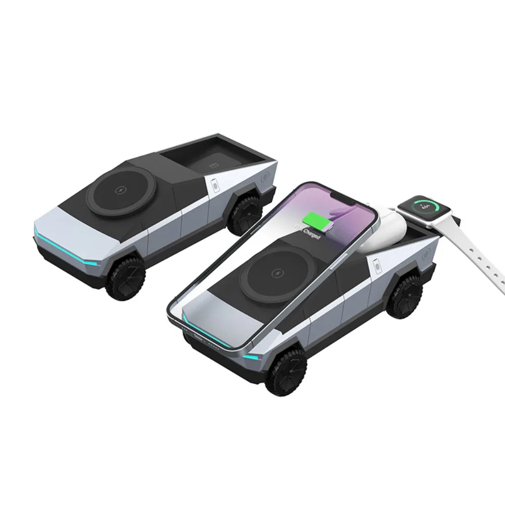 Desktop Cybertruck 3 in 1 Magnetic Fast Wireless Charger Phone Stand For IPhone 16 15 Pro Max, Apple & Samsung Watch Airpods Pro