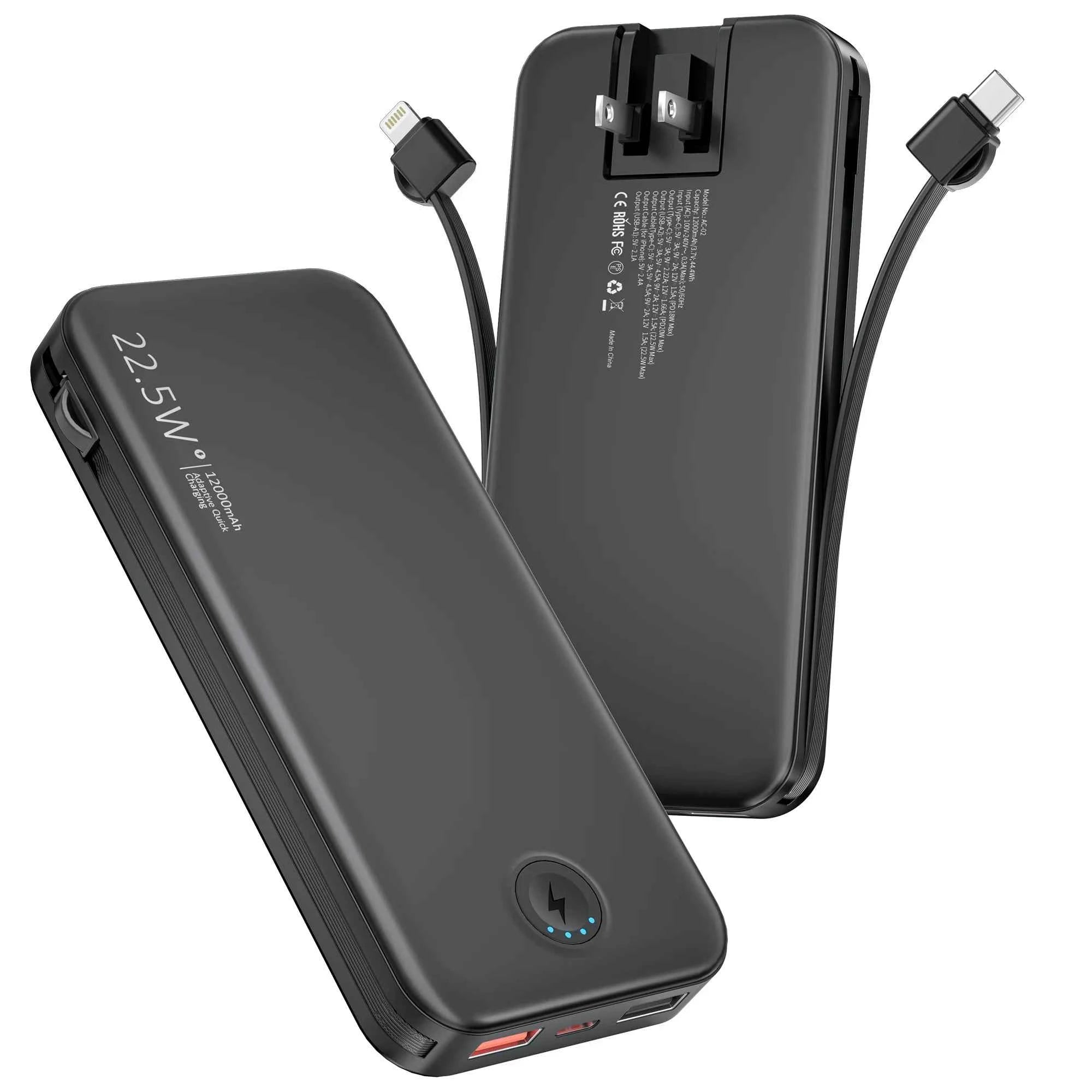 Portable Charger for iPhone Built in Cables and Wall Plug,12000mAh Slim Fast Charging USB C Power Bank,Travel Essential