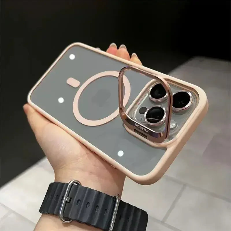 Luxury Magnetic Shockproof Phone Case for iPhone 16/15/14/13/12/11/17 Pro Max with Stand and Glass Lens Case