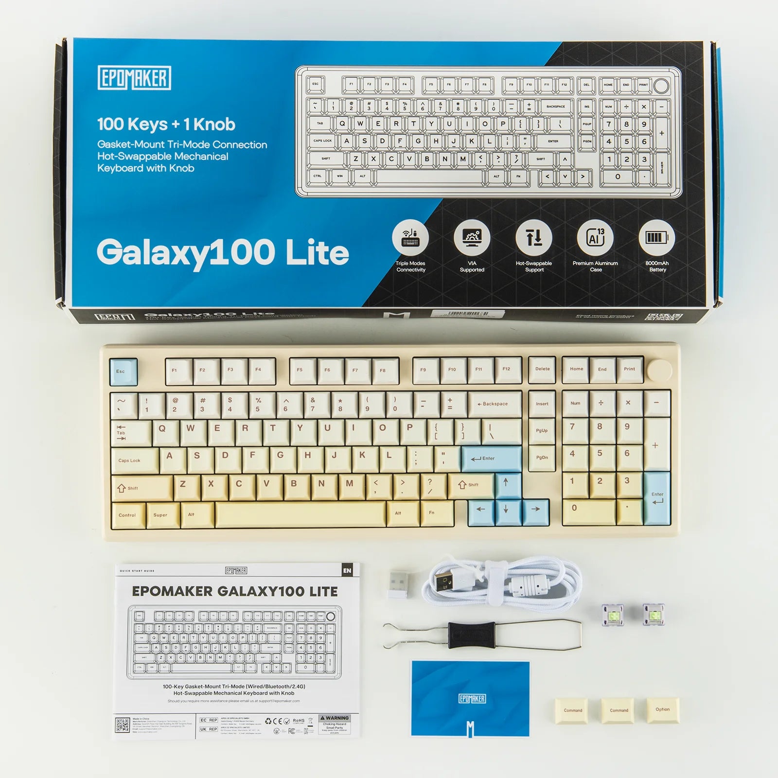 EPOMAKER Galaxy100 Lite QMK/VIA 96% ANSI US Layout Wired/2.4GHz/BT Wireless 1800 Aluminum Mechanical Keyboard 8000mAh Battery