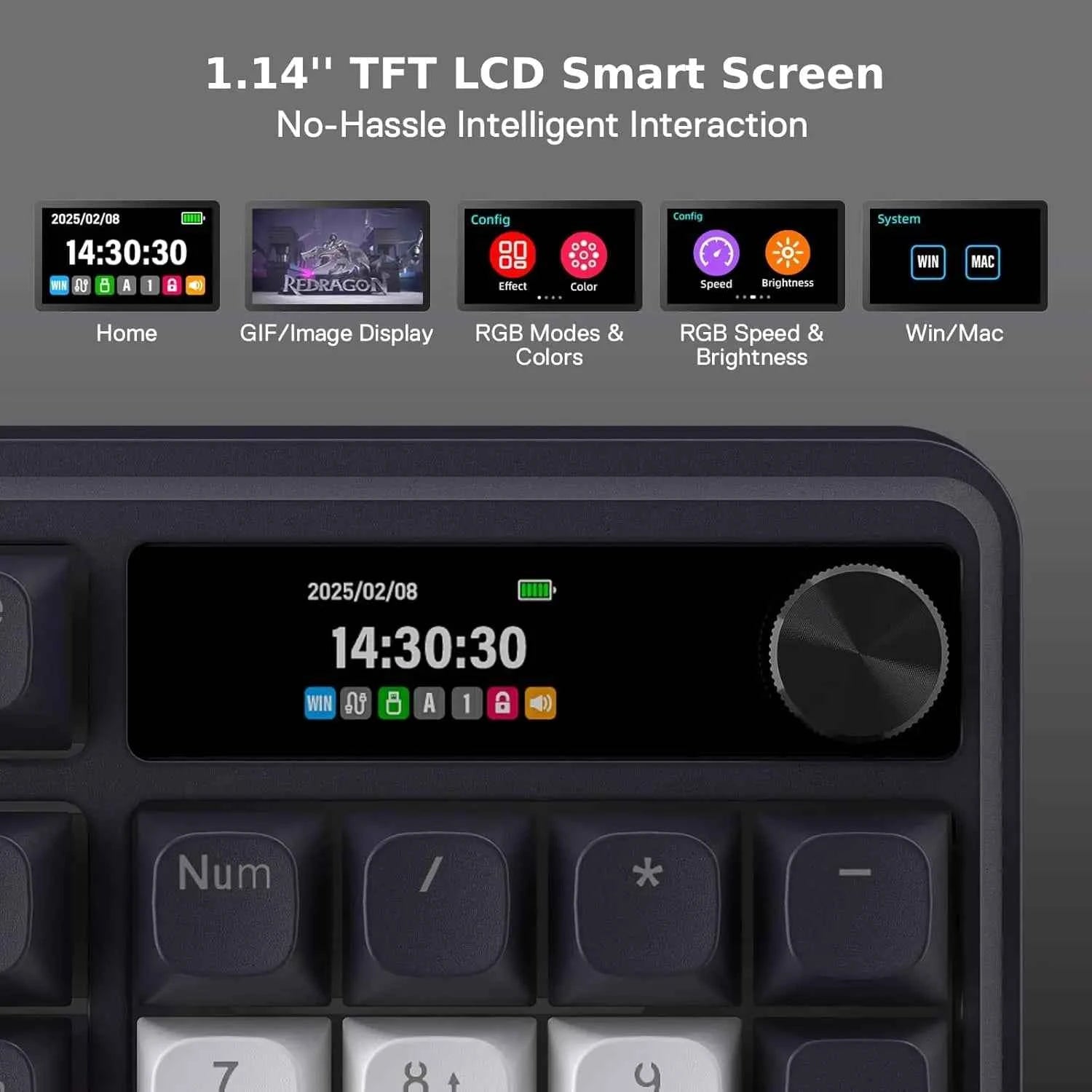 Redragon K762 Wireless Gasket Gaming Keyboard,104 Keys Mechanical Keyboard, Easy-Control 1.14’’ TFT Info Display