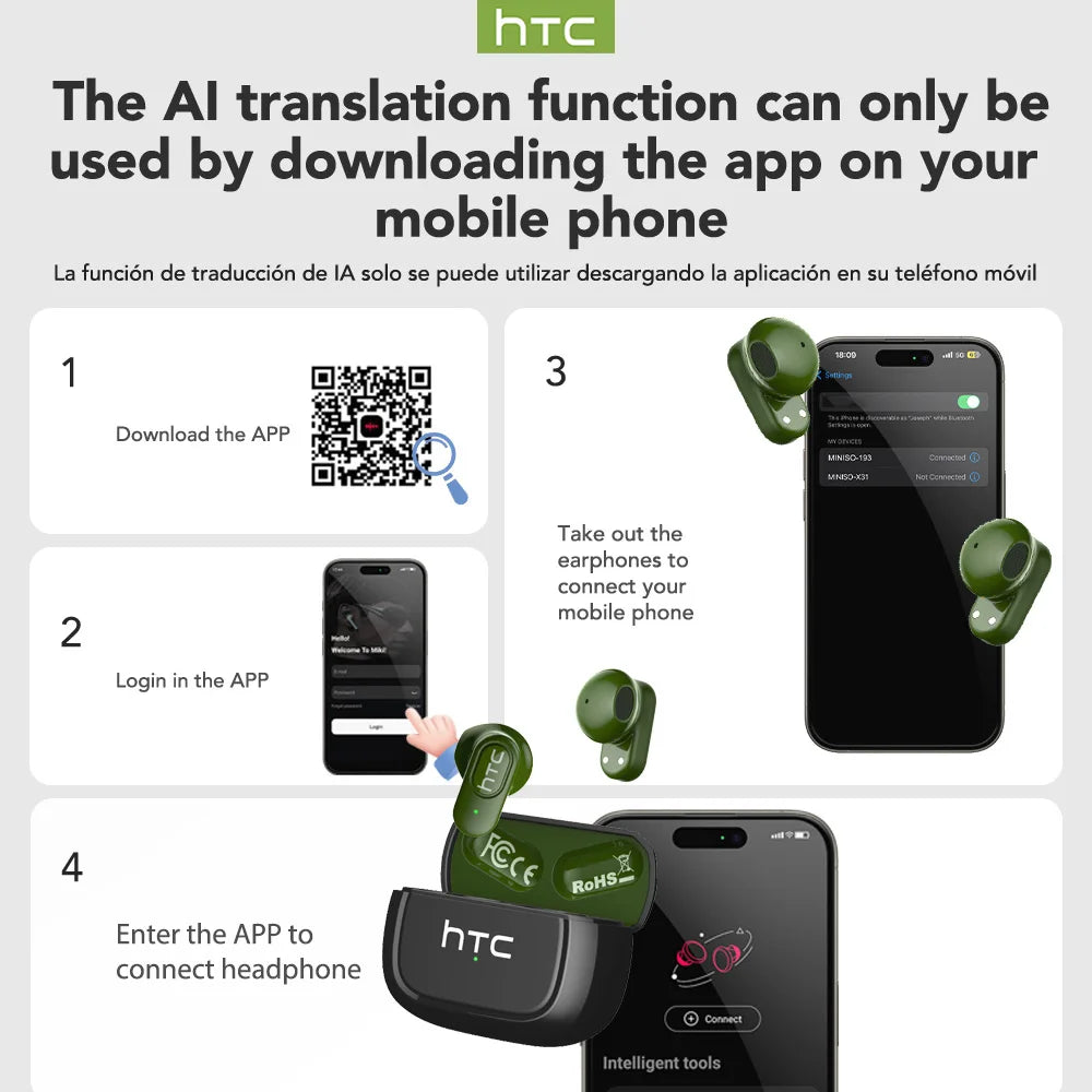 HTC NE51 Bluetooth Earphones TWS Sport Wireless Headphones Long Life with Mic In-Ear Earbuds AI Translator Earbuds