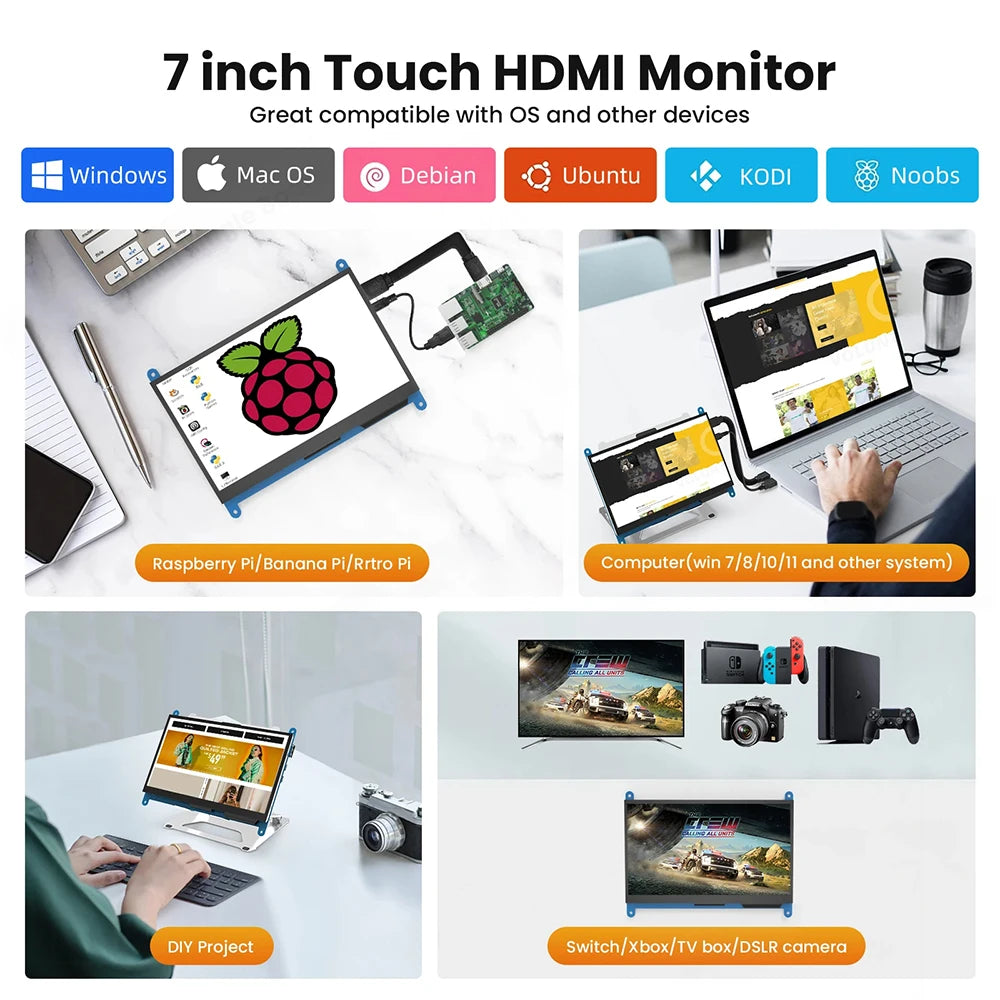 Driver-free Raspberry Pi Monitor 7-inch 1024x600 HD IPS Touchscreen 5-point Capacitive Touch Display for Raspberry Pi 4/3/2/1/3B+/BB, Second Screen for Banana Pi, Support Windows 11/10/8/7