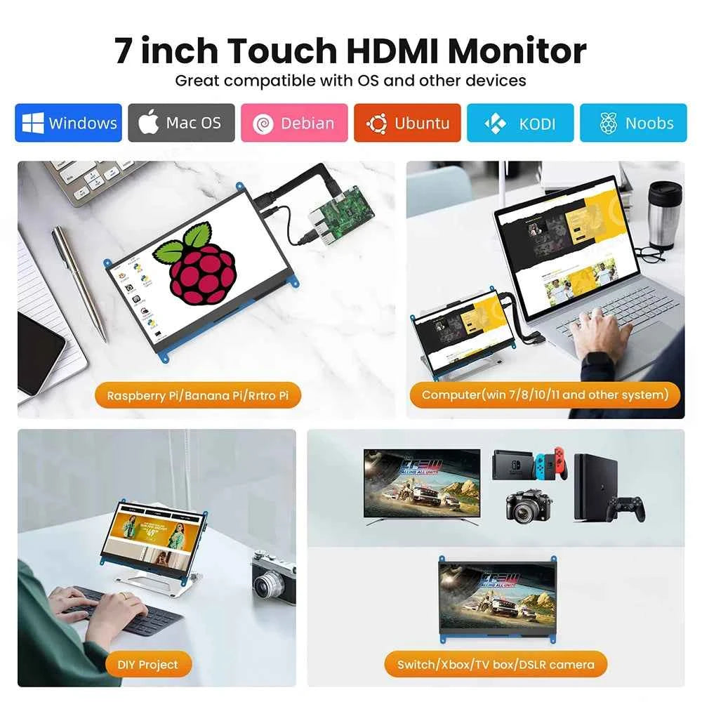 Driver-free Raspberry Pi Monitor 7-inch 1024x600 HD IPS Touchscreen 5-point Capacitive Touch Display for Raspberry Pi 4/3/2/1/3B+/BB, Second Screen for Banana Pi, Support Windows 11/10/8/7