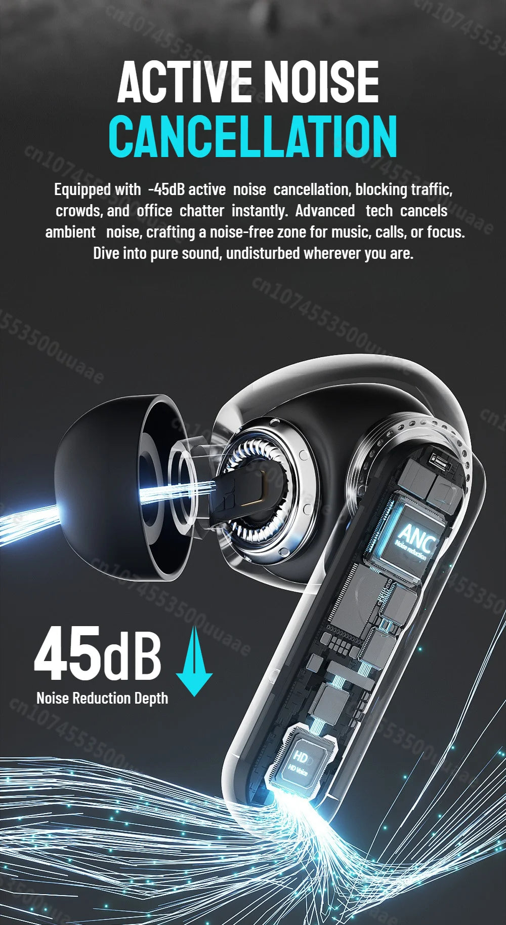 Zombies Cat Alloy ANC Headphones Bluetooth 6.0 -45dB Active Noise Cancellation Earbuds Powerful Deep Bass TWS Wireless Earphones
