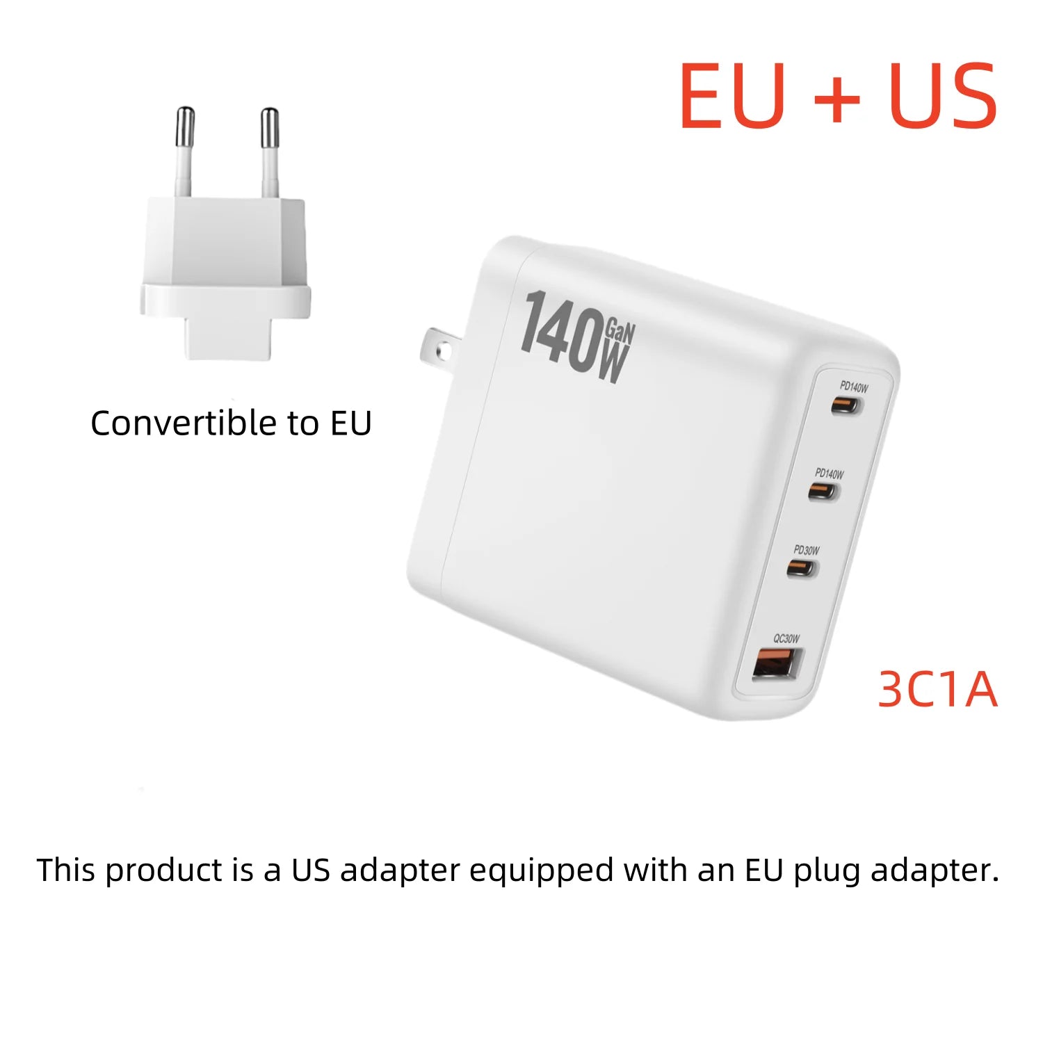 New 140W Multi-Port GaN Charger PD3.1 3C1A Super Fast Charging Head Compact Portable for Mobile Phones