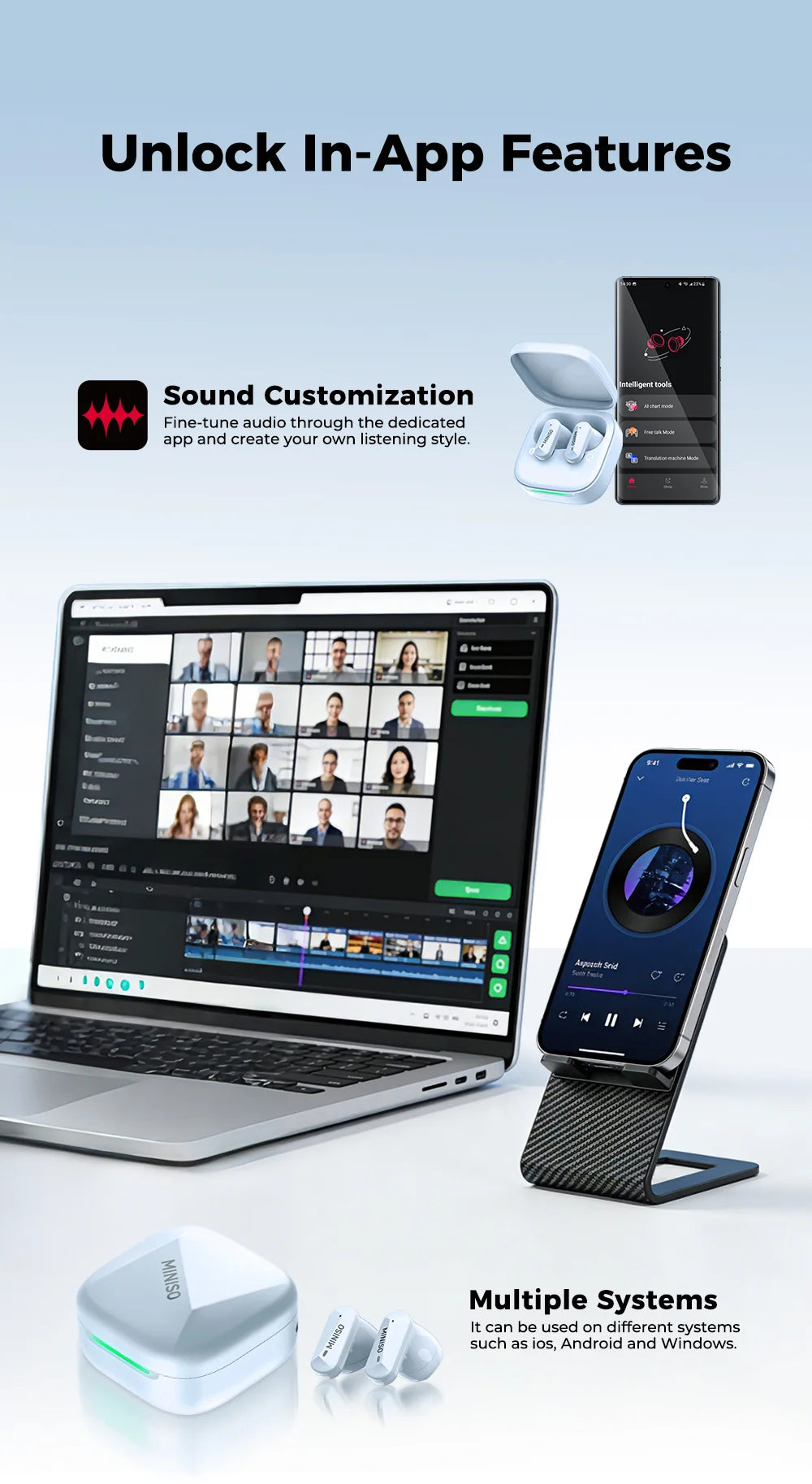 MINISO MS119 Wireless Bluetooth Earphones Ai Translator Headphones Low latency Earbuds 50Hrs Playback More Comfortable to wear