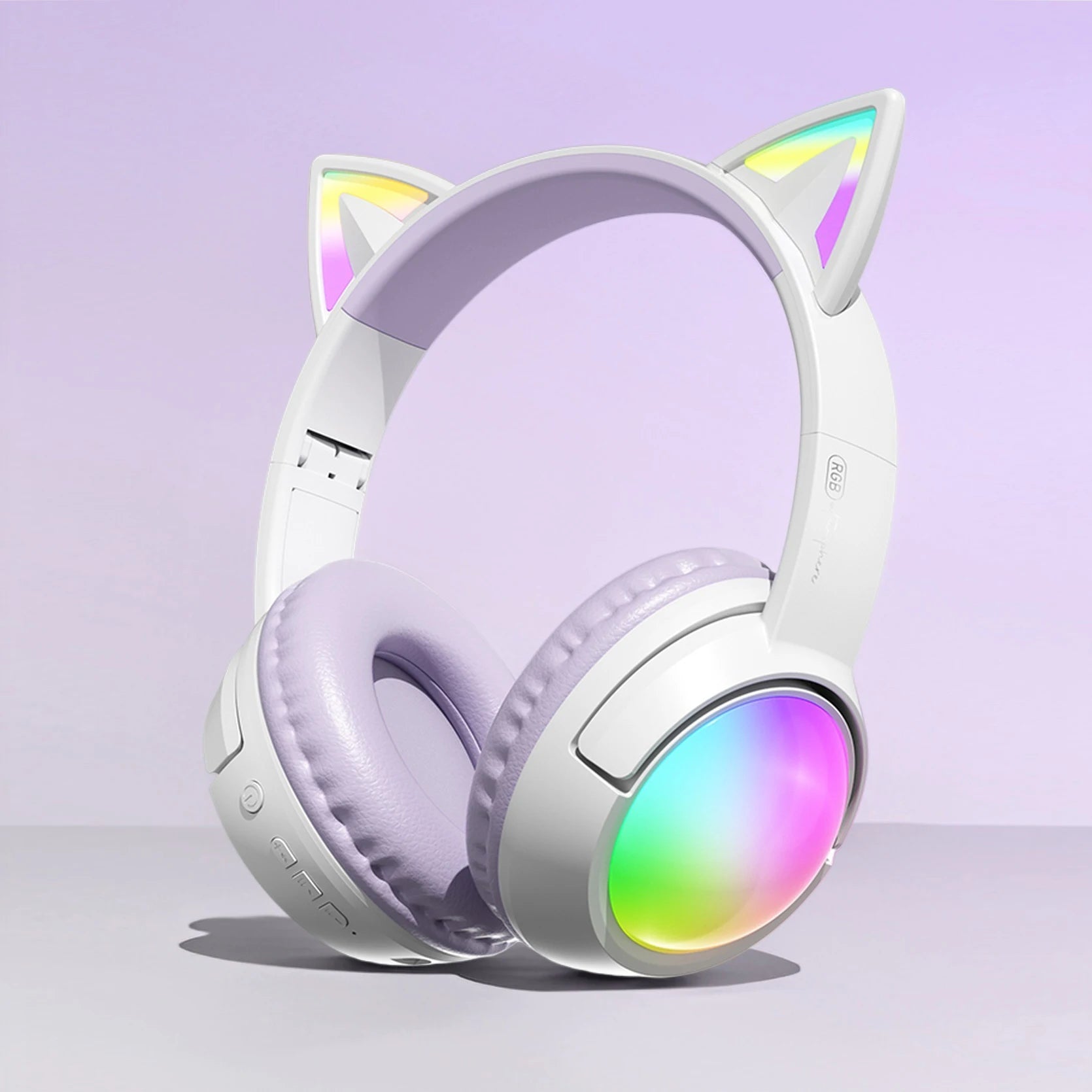 Cute Cat Ear RGB Wireless Headphones, Bluetooth 5.4, 350mAh Battery, 20H Playtime, Foldable Over-Ear Headset with Mic, HiFi Soun