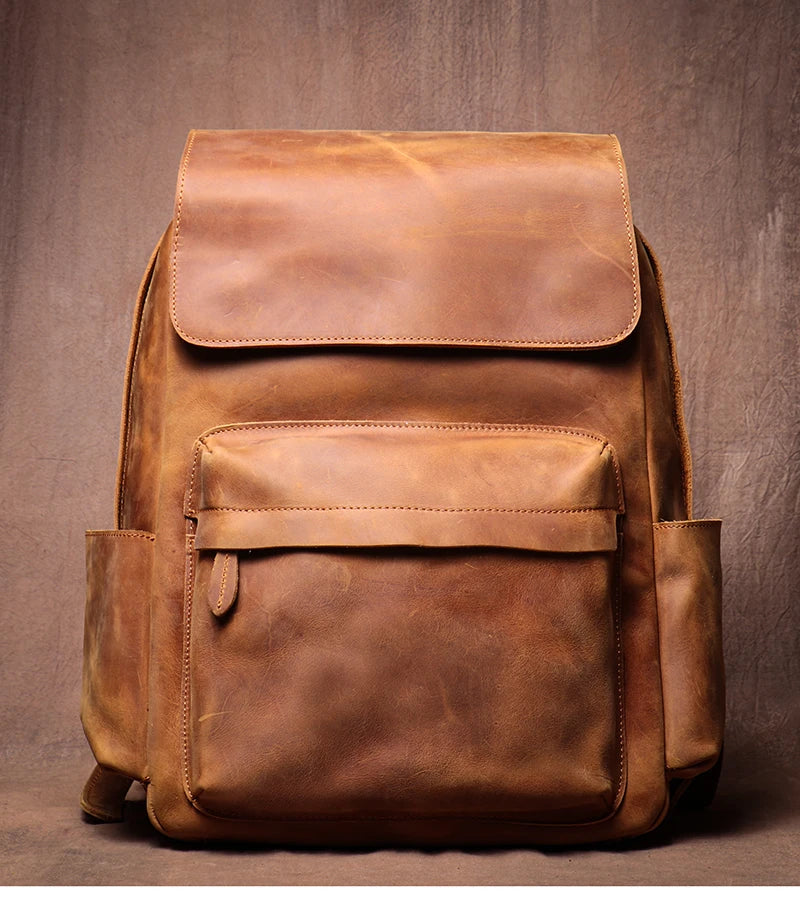 LUOKIR Genuine Leather Laptop Backpack 15 Inch – Vintage Crazy Horse Cowhide Business Travel Backpack for Men, Luxury School Computer Bag