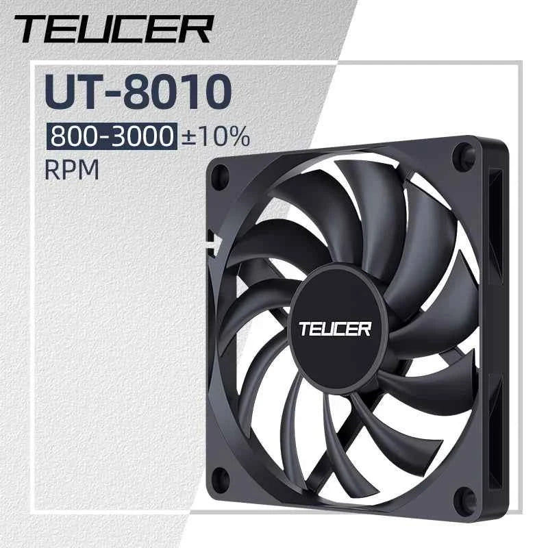 TEUCER UT-8010 Slim 80MM PC Case Fan 800-3000RPM Intelligent Temperature Control 8CM Thickness 10mm Black Cooling Fan