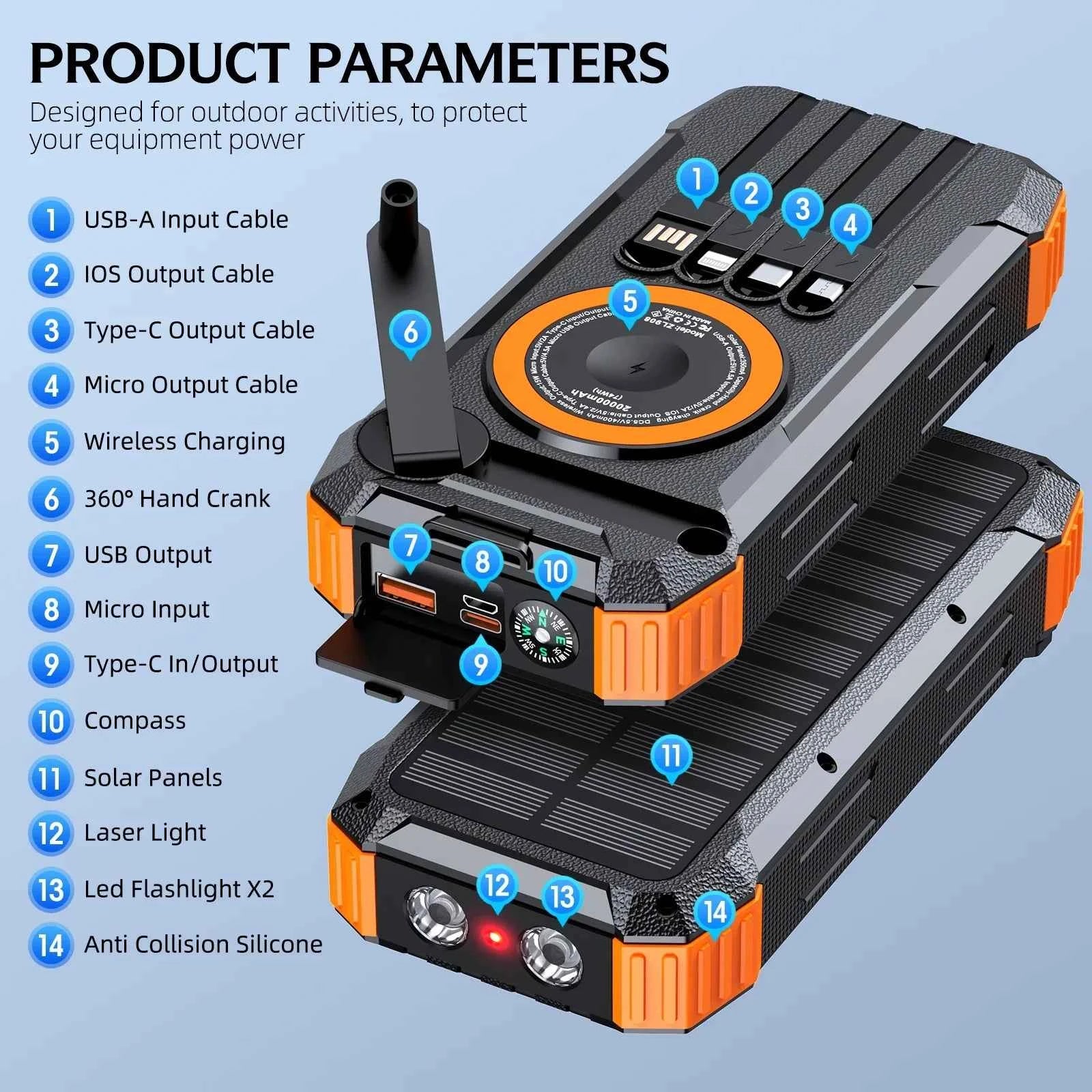 80000mAh Magnetic Wireless Power Bank Solar Hand Crank Portable Charger with LED Emergency Light for iPhone Apple Watch AirPod