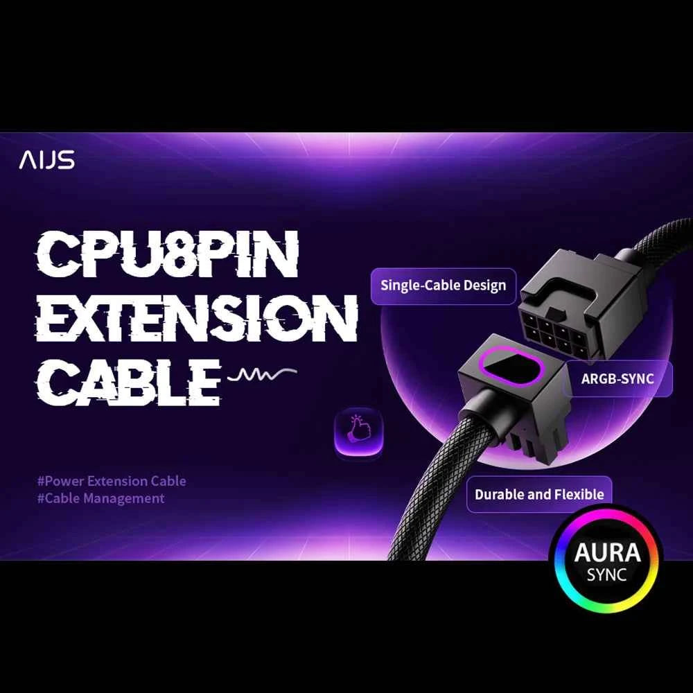 AIJS CPU8PIN Motherboard Extension Cable, ARGB PC Cable with 5V 3Pin,18AWG 90° Right-Angle Design,Male-to-Female Connectors 8Pin