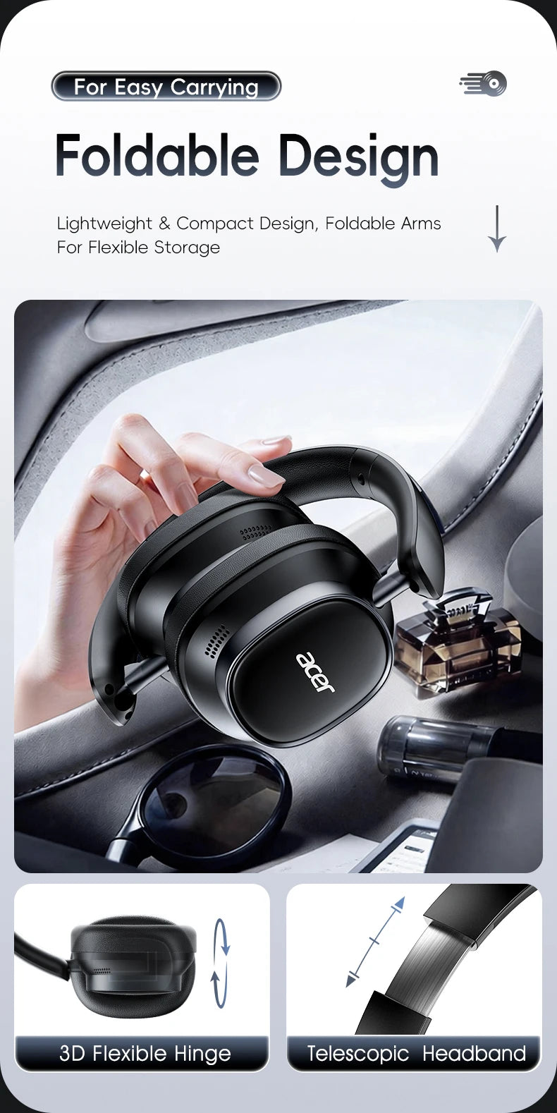 Acer Ohr633 2026 New Model Wireless Bluetooth Headphones Hifi Stereo Sound Quality Anc Call Noise Reduction Foldable Adjustable Design Built-In High-Definition Microphone Gaming Headphones
