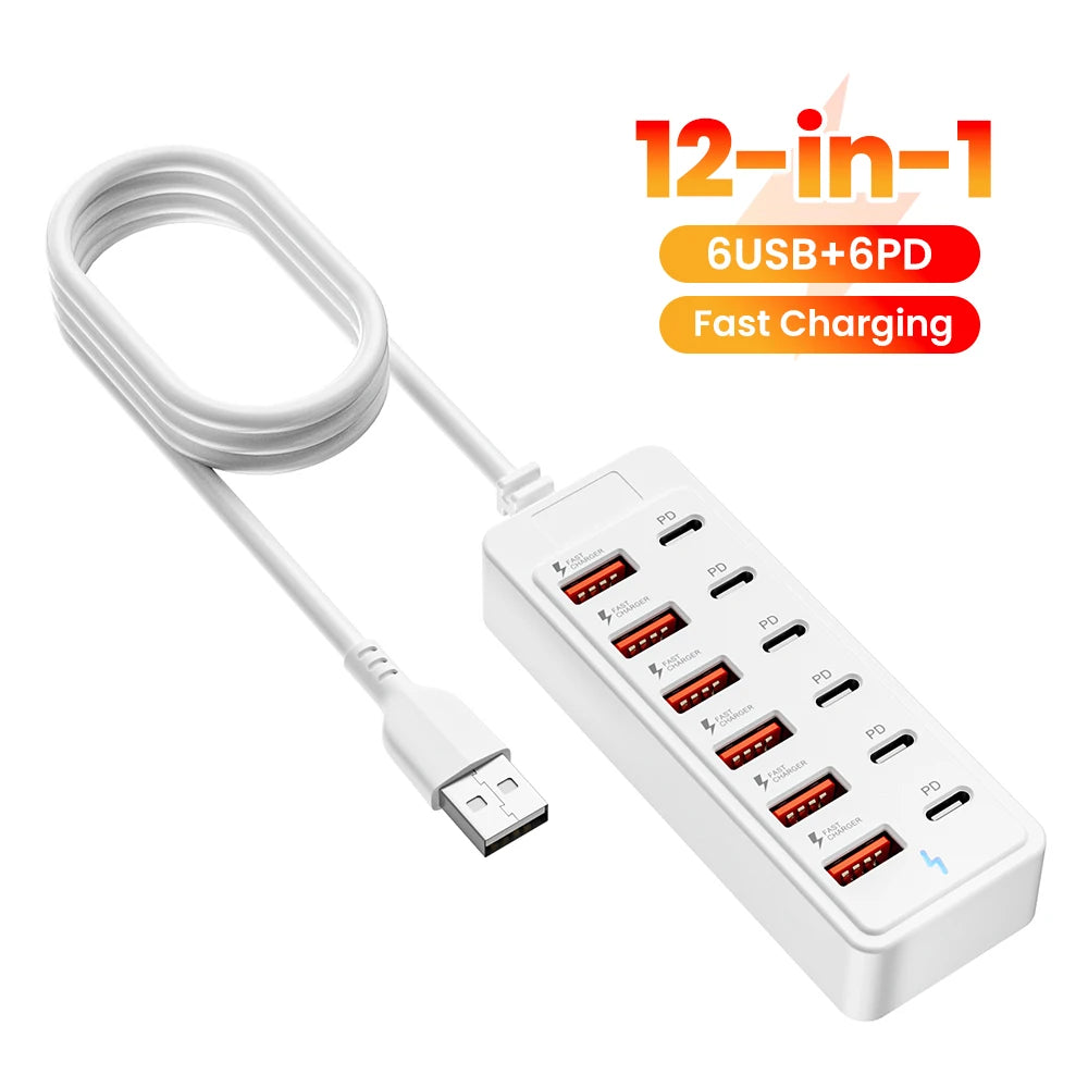12 IN1 Power Strip Multi Port USB Charger Station Wall Desktop Power Adapter USB Type C Fast Charging Charger For iPhone Samsung