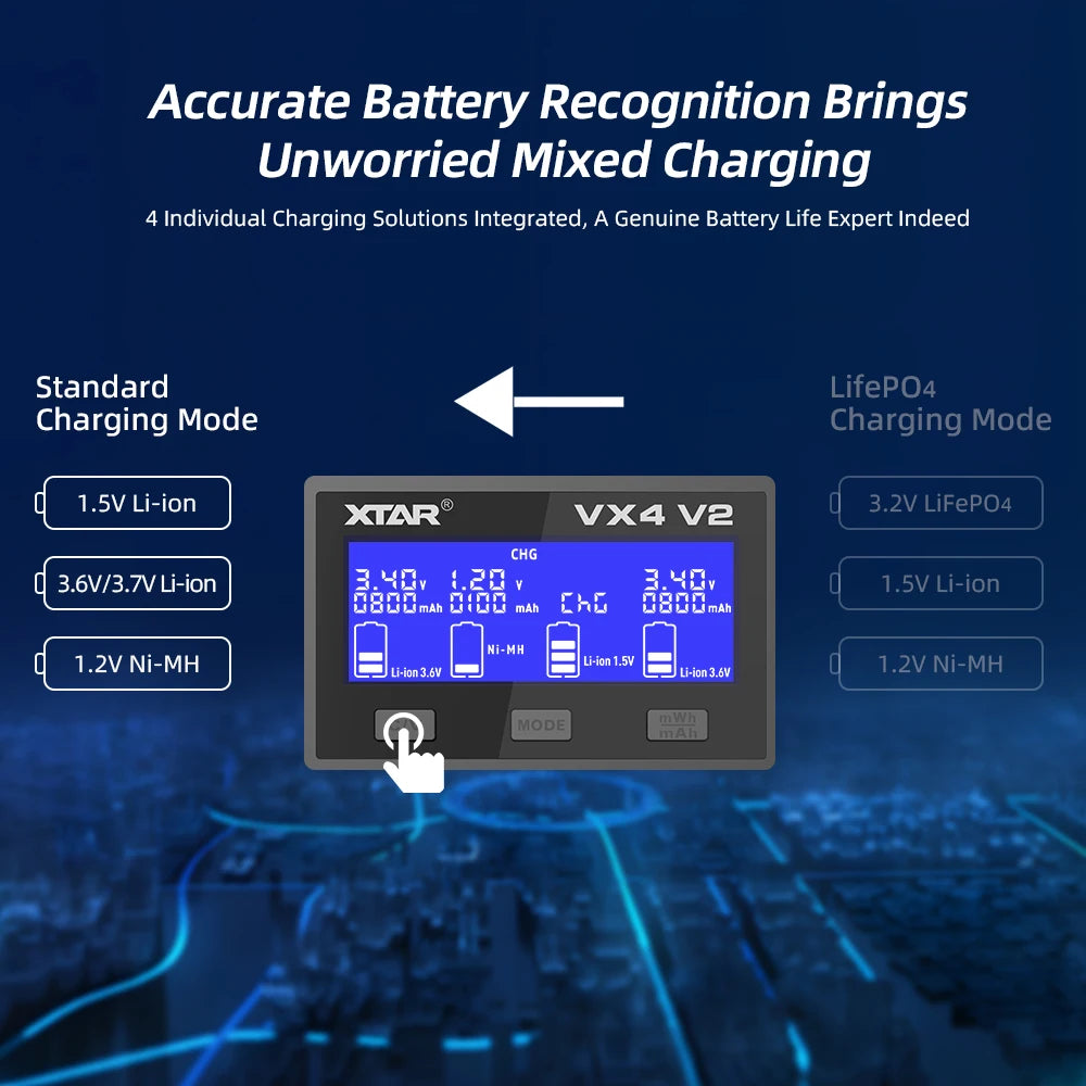 XTAR VX4 V2 18650 Battery Charger AA/AAA Li-ion LiFePO4 Ni-MH Rechargeable Battery 20W Fast Charger Battery Capacity Tester