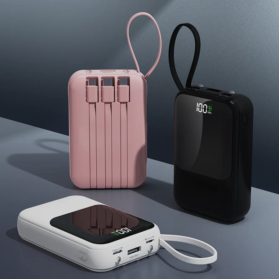 10000mAh Portable Power Bank for Universal Devices Super Fast Charging with Built-in Cable Large Capacity Power Bank for iPhone Samsung Huawei Xiaomi
