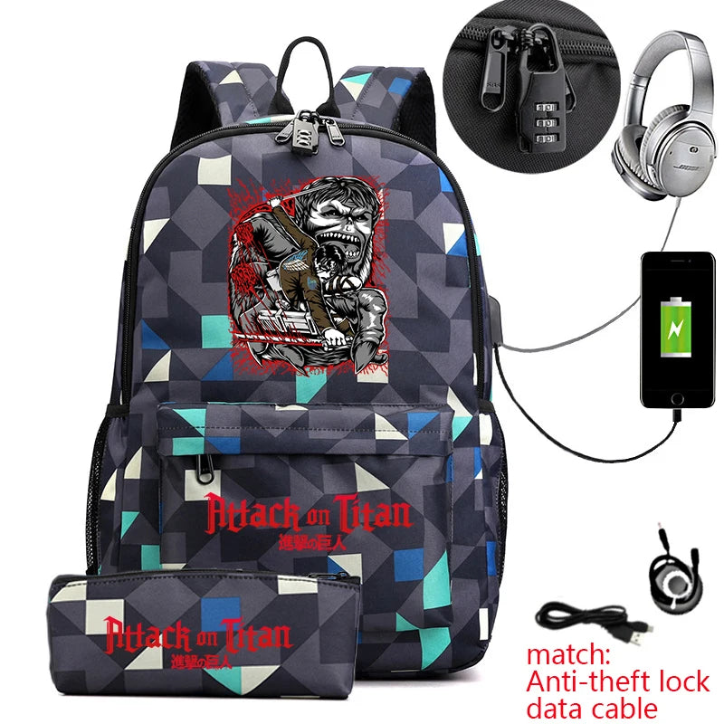 Attack on Titan Anime Print School Backpack Anti-Theft Laptop Bag for Boys Girls with Pencil Case